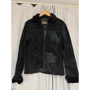 Milan Leather Black Patchwork Suede Jacket Faux Fur Trim Collar Zip Up Womens M